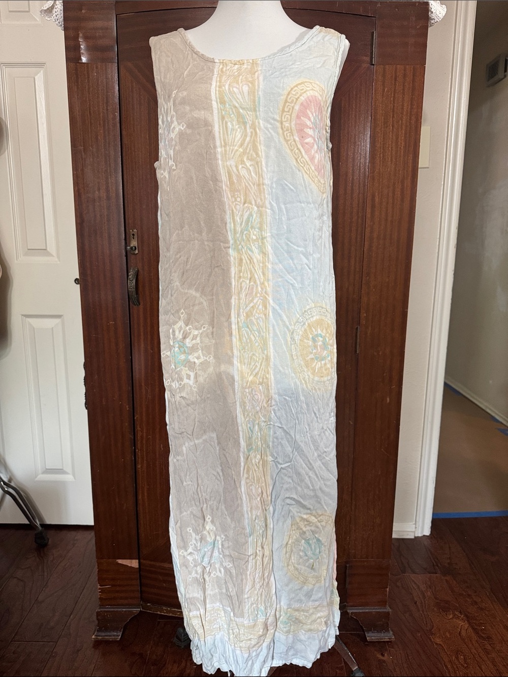 Vintage Boho Maxi Dress in Cream with Pastel Motif